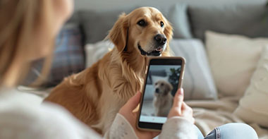 a Golden Retriever and their owner taking part in an online training session