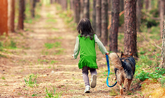 a child walking a dog through the woods